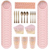 1set Gold Dot Pink Disposable Party Tableware Plate/Napkin Adult Happy Birthday Wedding Christmas Party Home Decor Supplies