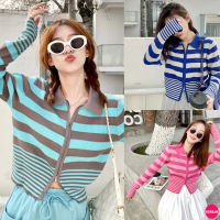 ?Korean Fashion?เสื้อไหมพรมลายทางสีสวย แขนยาวคอปกซิปหน้า 5 สี