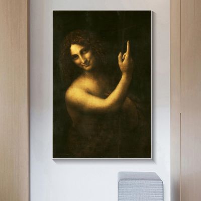 Saint John the Baptist ภาพวาดผ้าใบบนโปสเตอร์และพิมพ์ Leonardo da Vinci คลาสสิกที่มีชื่อเสียงภาพ