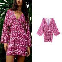 TRAF Woman Print Short Dress 2023 Summer Fuchsia Sexy Tied Deep V-Neckline Contrast Beading Design Long Sleeves Mini Party Dress