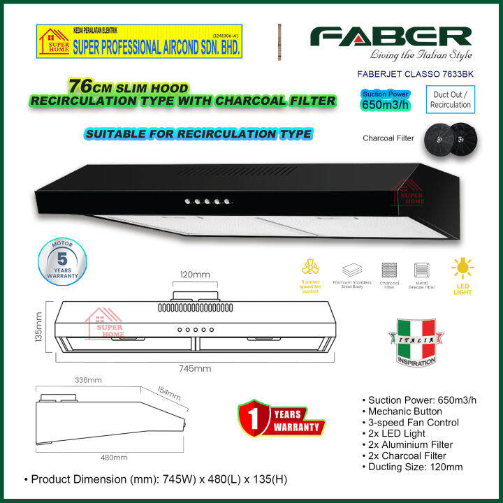 Faber Slim Hood FABERJET CLASSO 7633BK Slim Cooker Hood recirculating