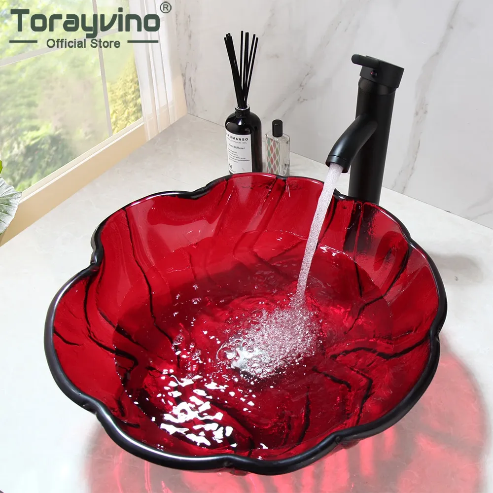 torayvino red translucent bathroom sink glass black painting brass