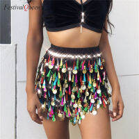 FestivalQueen Attractive Sequins Tassel Beach Mini Skirt Women Sexy Summer High Waist Basic Party Club Short Skirts for Lady