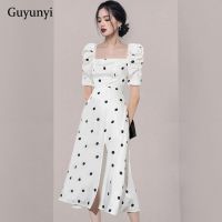 【YF】 Attend Event White Vintage Dress 2022 Summer Black Dot High Waist Puff Sleeve Square Collar Temperament Elegant Party