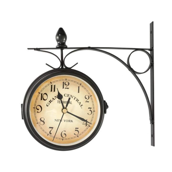 นาฬิกาแขวนสองด้าน-wrought-iron-station-นาฬิกา-garden-retro-bracket-mounted-outdoor-indoor-home-garden-wall-clock