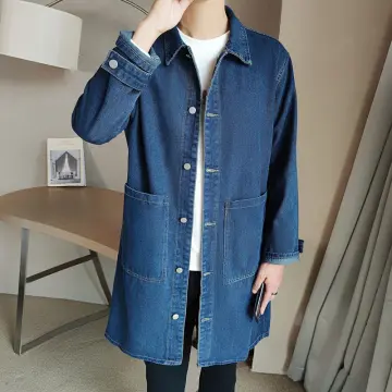 Fashion Mens Long Denim Trench Coat Slim Fit Jeans Korean Pockets Jackets  Spring