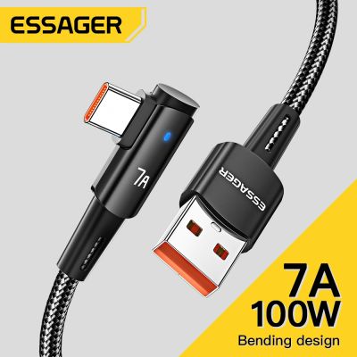 Essager สายเคเบิลชนิด C USB 7A 90องศาสำหรับสายชาร์จอย่างรวดเร็ว OPPO 100W เพื่อเป็นเกียรติแก่ Huawei สายรับส่งข้อมูลชาร์จที่ทำมุม Realme Oneplus