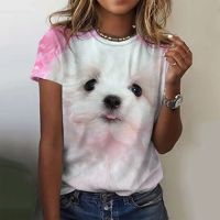 Womens T-shirt Puppy Printed Short Sleeve Top Kawaii Cat Pattern Womens Top Round Neck 3D Summer T-shirt Fashion Harajuku Tees