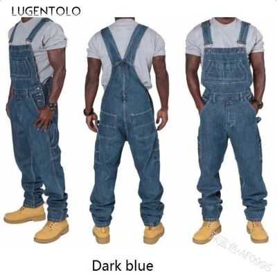 【CC】✶  Lugentolo Overalls Jeans Men Large Size Fashion Loose Straight Multi-pocket Denim Trousers