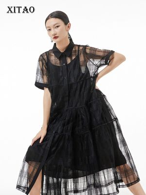 XITAO Dress Loose Fashion Two Pieces Sets Women Casual Loose Mesh Lace Shirt Dress