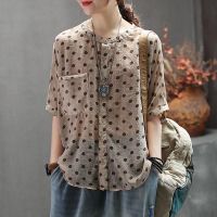 [COD] 2022 new summer loose large size imitation and linen top womens short-sleeved round neck wave point casual