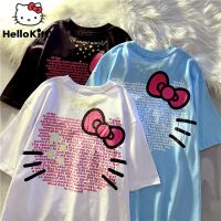 เสื้อยืดคู่รักขายสำหรับผู้ชายและผู้หญิง Sanrio Hello Kitty น่ารัก Y2k สตรีทฤดูร้อนใหม่เสื้อยืดผู้หญิงหลวมผ้าฝ้ายสไตล์เกาหลีเสื้อคู่รัก