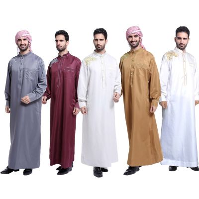 ชุดเดรสยาวเสื้อผ้ามุสลิมผู้ชาย Jua Thobe คอตั้งอิสลามชุดเดรสดูไบอาหรับผ้าคลุมยาวอาบายามุสลิมชุดเดรสยาวกิโมโนคาฟตันซาอุดิอาระเบีย