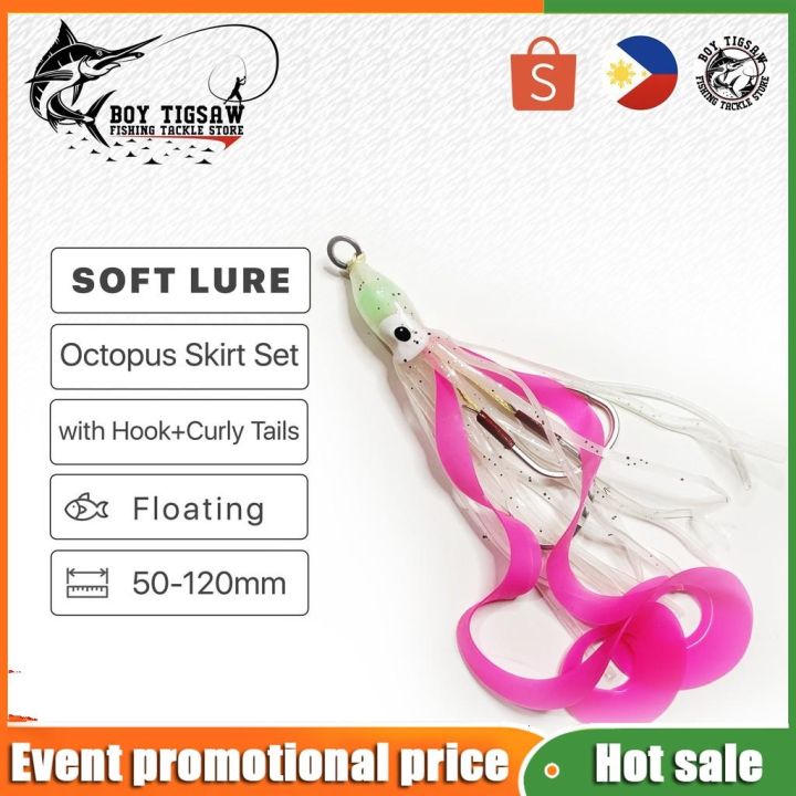 Promotional price】 1 Set Trolling Rubber Octopus Squid Skirt with Double Assist  Hooks Curly Tail Soft Bait Fishing Lure