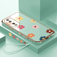 เคสสำหรับ Honor เคสโทรศัพท์90 5G 90 Lite 5G ฟรีสายคล้องดอกไม้ลายขอบสี่เหลี่ยมน่ารักสำหรับเด็กสาวเคสโทรศัพท์ชุบเคลือบหรูหราเคสโทรศัพท์นิ่ม