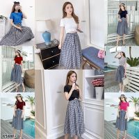 SS6588 #shirts #skirt Set 2 ชิ้น เสื้อครอปผ้าคอตตอน+กระโปรงลายสก๊อต