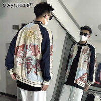 MAYCHEER   เสื้อโค๊ตคู่รักทรงหลวม Jersei Bisbol พิมพ์ลายซิปคอกลมของผู้ชาย