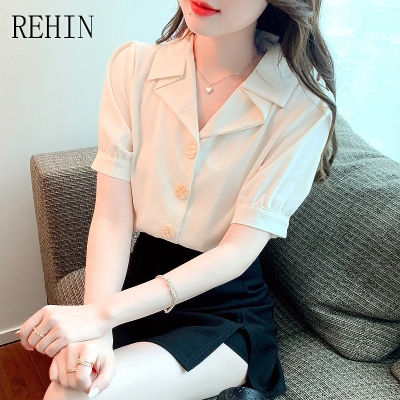 REHIN เสื้อเชิ้ตแขนสั้นผ้าชีฟองสำหรับผู้หญิง,เสื้อคอวีแนวธุรกิจแขนพองสำหรับสไตล์เกาหลีแบบใหม่ฤดูร้อน