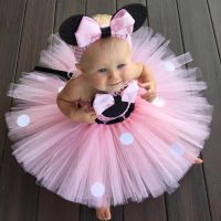 Cute Baby Pink Mickey Tutu Dress Girls Crochet Tulle Dress with White Dots Hairbow Kids Birthday Party Costume Minnie Dresses Dresses