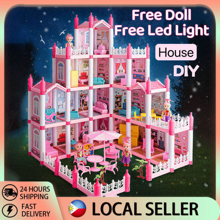 Doll House with dolls, accessories and led light,Barbie dollhouse set