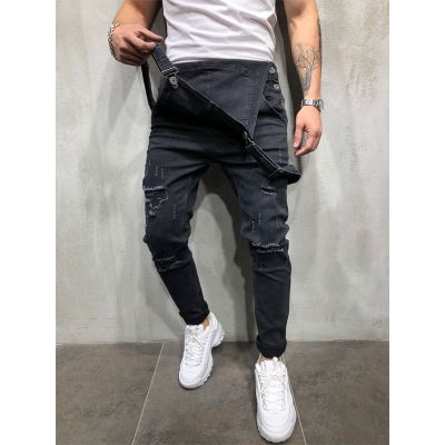 ‘；’ Fashion Men Pants Ripped Jeans Overalls Jumpsuits Hi Street Distressed Denim Bib Overalls For Man Suspender Pants Size S-XXXL
