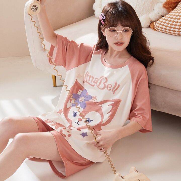 pink-fox-short-sleeve-pajamas-ชุดนอนแขนสั้นขาสั้นลินาเบล-จิ้งจอกสีชมพูสุดน่ารัก-พร้อมส่ง