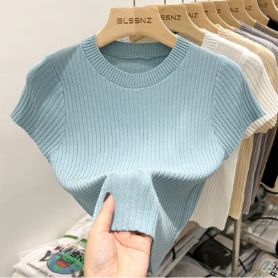 ❒┇۩ Summer Ice Silk Knitwear Women New Style Solid Color Short-Sleeved Pullover Thin Slim-