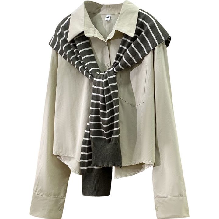 french-style-western-style-two-piece-set-with-striped-shawl-long-sleeved-shirt-for-women-loose-and-versatile-short-slim-casual-top