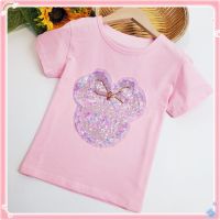 Girls T-shirt Sequins Cat And Mickey Embroidery Round Collar 100% Cotton Fashion Kids Clothes