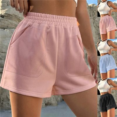 2023 Summer Women’s Shorts High Waist Casual Sports Shorts Loose Solid Color Wide Leg Homewear Elastic Short Pants with Pocket