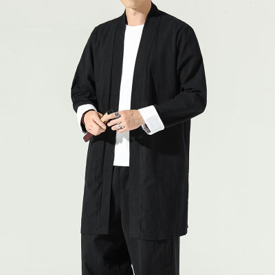 เสื้อสเวตเตอร์ถักนิตติมบิรุฮิเกาฮันฟุ Kot Lelaki Vintaj Kimono Jaket ผ้าลินิน Longgar Panjang