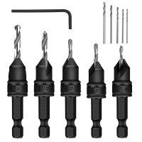 5-Piece Set of 3/8-Inch Quick-Change 82° Chamfer Adjustable Drill Bits,HSS Wood Drill Bits Sink Hole Drilling Tool Kit