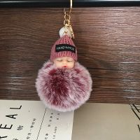 [HOT] Fake Rabbit Fur Ball Sleeping Baby Doll Keychain Pompom Car Keyring Baby Key Chain Women Key Holder Bag Pendant Jewelry