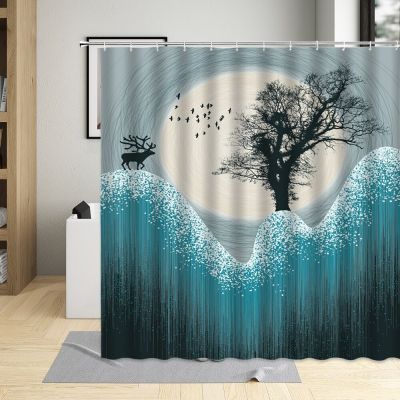 Simple Modern Black Tree Shower Curtain Elk Moon Night Bird Mountain Scenery Decora Wall Cloth Bathroom Bathtub  Curtains Sets