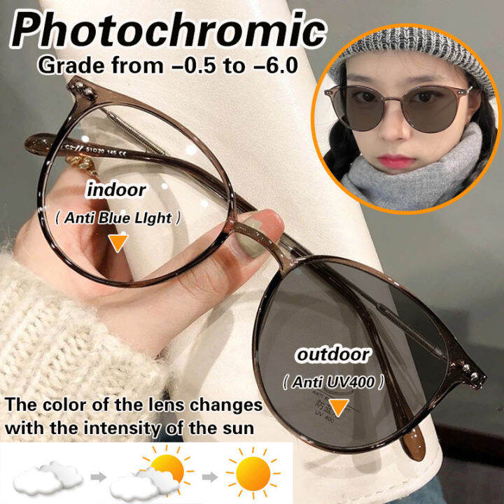 [-0.5 to -6.0], [Photochromic] Myopia Glasses Unisex Women Round Anti ...