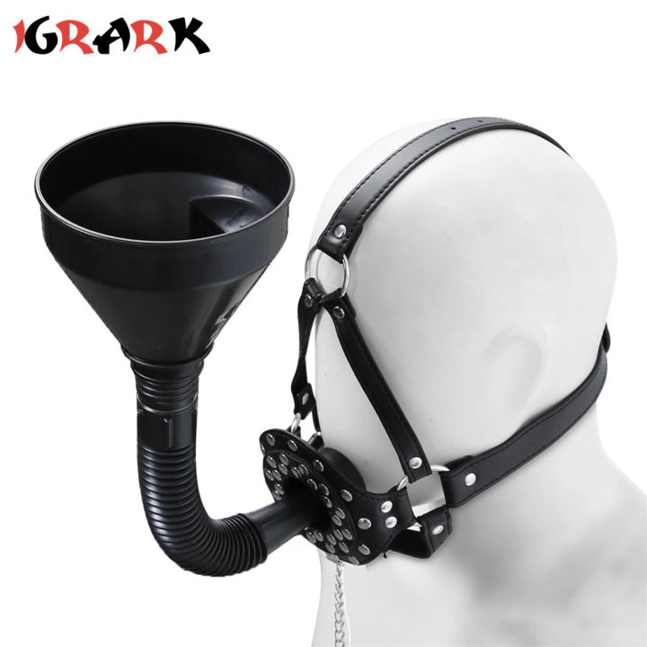 Bdsm Leather Toilet Funnel Open Mouth Gag Hood Oral Enema Drool Plug Head Harness Y Toys For