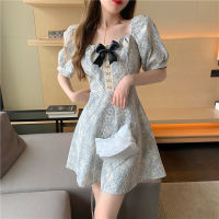 Ezgaga Korean Fashion Chiffon Lace Patchwork Floral Dress Women Puff Short Sleeve Square Collar Bow High Waist Chic Party Dress