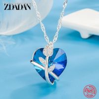 ◇℡ ZDADAN 925 Sterling Silver Rose Flowers Blue Heart Crystal Necklace For Women Fashion Jewelry