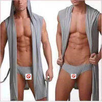 Mens New Ice Silk Hooded Sleeveless Sexy Thin Bathrobe, Fashionable, Smooth, Comfortable And Breathable Solid Color Bathrobe