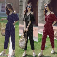 D200-CL5600 (FF) Jumpsuit จั้มสูทขายาวสายเดี่ยว เปิดไหล่ระบายอกลายริ้ว งานผ้าไหมอิตาลี่ มีซิปซ่อนด้านหลัง