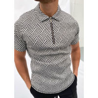 2021 Summer New Mens Polos Shirts Loose Geometric Print Short Sleeve Casual Polos Clothing Hommes Fashion Zipper Lapel Male Tops