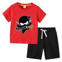 NINJA KIDZ ชุดกางเกงขาสั้นแขนลำลองขาสั้นชุด2ชิ้นเสื้อยืดสไตล์เกาหลีเด็กหญิงเด็กชายผ้าฝ้ายลายการ์ตูนใหม่ฤดูร้อนแฟชั่นเด็ก0000