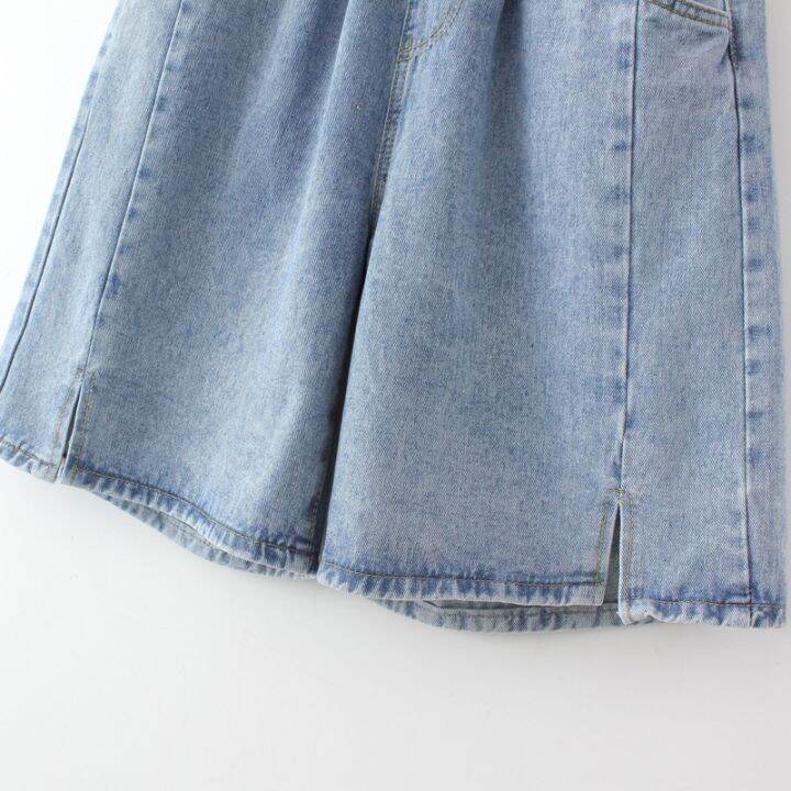 มีไซส์ใหญ่-plus-size-womens-wide-leg-denim-summer-shorts-elastic-waist-solid-color-casual-female-shorts-with-pockets