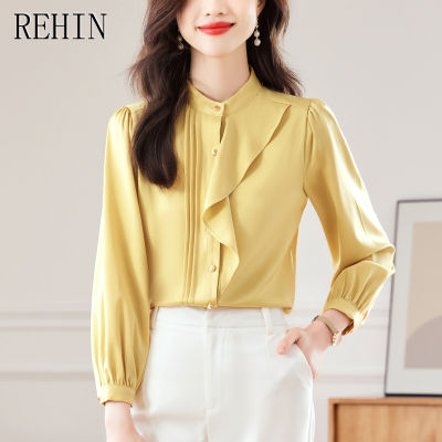 REHIN เสื้อชีฟองแขนยาวสีขาวเฉพาะกลุ่มดีไซน์ดั้งเดิมชุดทำงานเสื้อสตรีหรูหรา