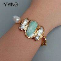 Y.YING natural Cultured White Rice Pearl Amazonite Biwa Pearl Chain Bracelet 8 vintage style for women