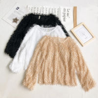 Korean Top Pullover round Neck Long Sleeves Furry  Short Shirt outfit for Women formal