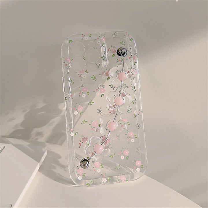 lz-cute-3d-flower-wrist-phone-chain-soft-phone-case-for-iphone-14-12-13-11-pro-max-plus-new-pink-flower-clear-lens-protective-cover