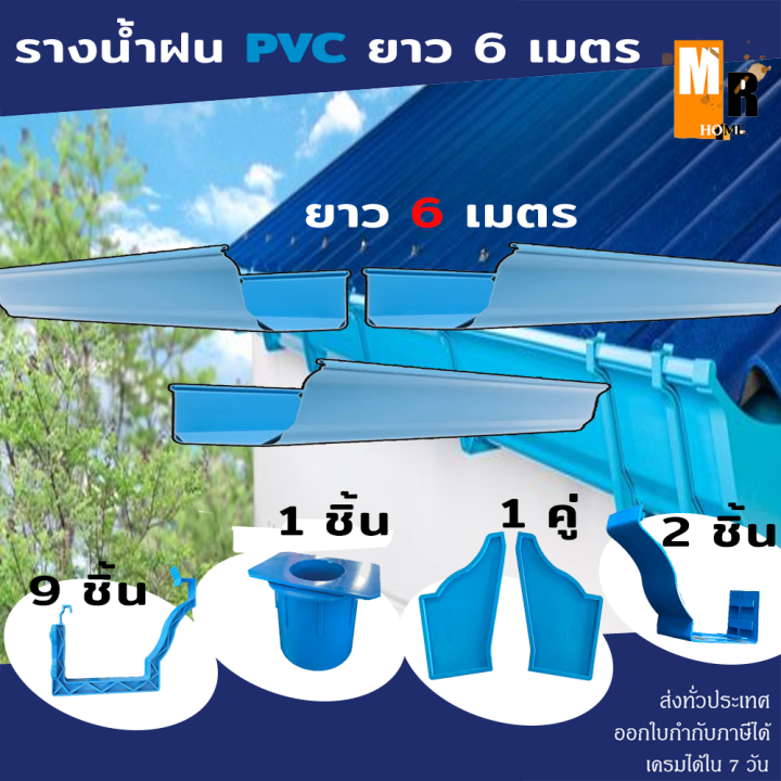 รางน้ำฝน-pvc-สีฟ้า-อุปกรณ์รางน้ำฝน-รางน้ำไวนิล-จัดชุดรางน้ำท่อนละ-2-เมตรx3เส้น-รูน้ำลงซ้ายหรือรูน้ำลงขวา-เรียบ-ดีจัง-ยาว-6-เมตร-ครบชุด
