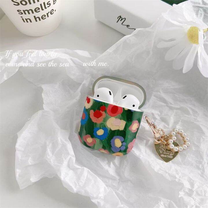 luxury-oil-painting-flower-love-pearl-keychain-earphone-silicone-case-for-apple-airpods-1-2-airpods-pro-3-headset-box-cover-headphones-accessories