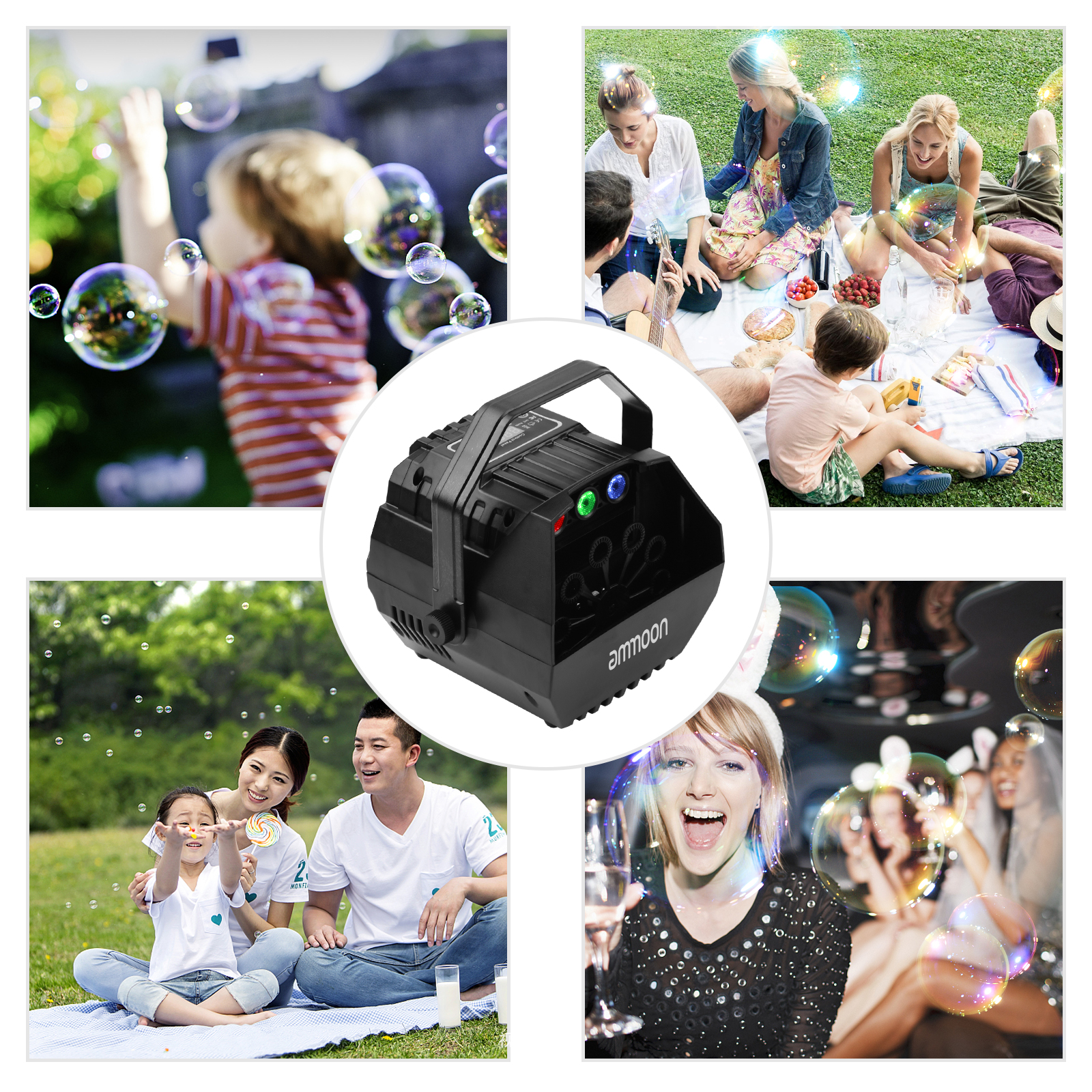 ammoon Bubble Machine LED Projector Sound Activated with U-shape Handle Remote Control for Stage Wedding Decoration 